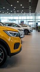 Fototapeta premium Modern car showroom displaying a variety of vehicles in a well-lit space showcasing sleek designs and vibrant colors