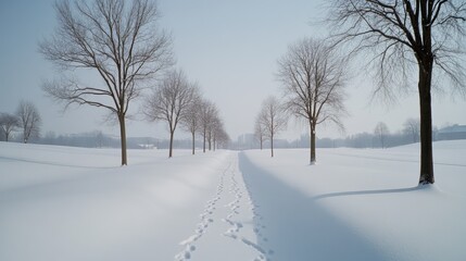 Obraz premium Footprints in the snow trace a solitary path through a serene winter landscape lined with bare trees.