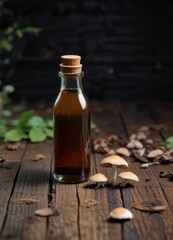 Dropper bottle on a dark wooden background with a few mushrooms nearby, dark wood, forest floor