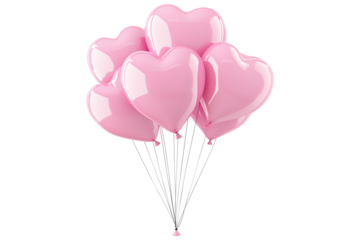 A cluster of shiny pink heart-shaped balloons floating against white transparent background, symbolizing love and celebration of Valentine Day