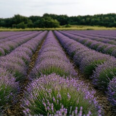 Naklejka premium Expansive lavender field in bloom under clear sky