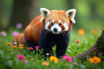 Red Panda in forest habitat with lush greenery and colorful flowers , forest, wildlife photography, nature