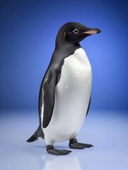 Obraz premium Emperor Penguin Portrait - A majestic emperor penguin stands against a vibrant blue backdrop, symbolizing Antarctic wilderness, resilience, adaptation, elegance, and the beauty of nature.