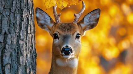 Autumn Deer Portrait, Forest, Yellow Leaves