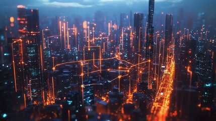Fototapeta premium Smart digital Innovation city with connection network reciprocity over the twilight cityscape. of future smart wireless digital city and social media networking systems that connects people with city 