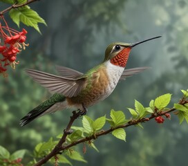 Female hummingbird perched on a branch above the salmonberry plant , rubus spectabilis, branches