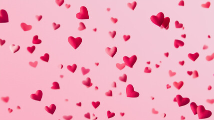 Floating red and pink hearts on pink background Valentine's day