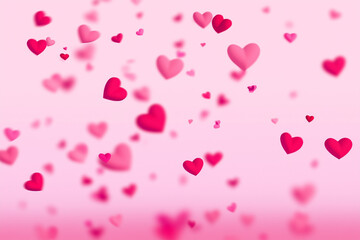 Floating red and pink hearts on pink background Valentine's day