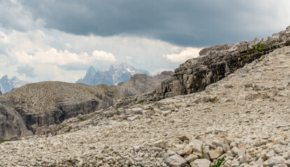 Awesome landscape, Italian Dolomites. Hiking trail from Büllelejochhütte, rifugio pian de cengia. Majestic landscape, rocky landscape. Active summer vacation. Healhty lifestyle. Amazing nature.