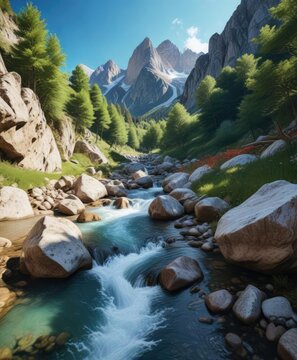 Flowing whitewater creek under a clear blue sky in picturesque Vallon Popera with Croda Rossa peak, nature, mountain, creek, Croda Rossa, river