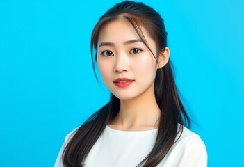 Asian woman in white dress on bright blue background