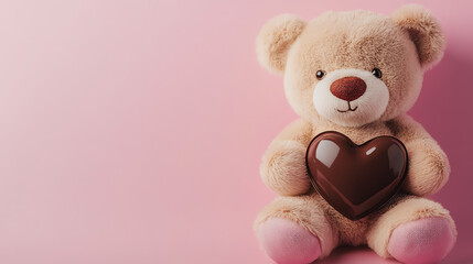 Teddy Bear with Heart Chocolate on Pink Background
