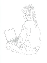 Naklejka premium A one-line drawing style illustration of a woman sitting on the floor with a laptop in front of her, holding it in her hand.