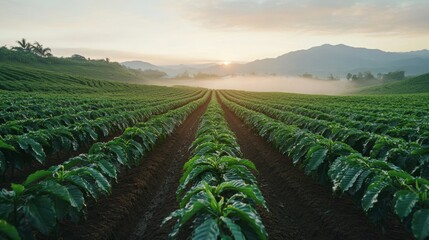 Fototapeta premium Endless rows of crops under a misty dawn stretch towards majestic mountains, merging nature's bounty with tranquil beginnings.