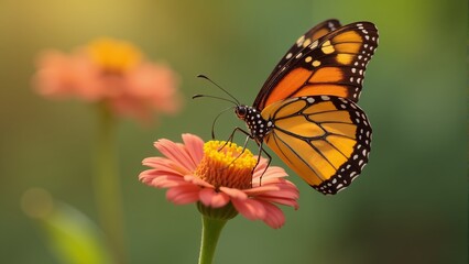 Fototapeta premium Monarch butterfly delicately rests on vibrant orange flower in a sunlit garden