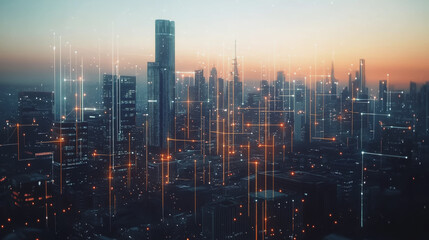 Fototapeta premium Smart digital Innovation city with connection network reciprocity over the twilight cityscape. of future smart wireless digital city and social media networking systems that connects people with city 
