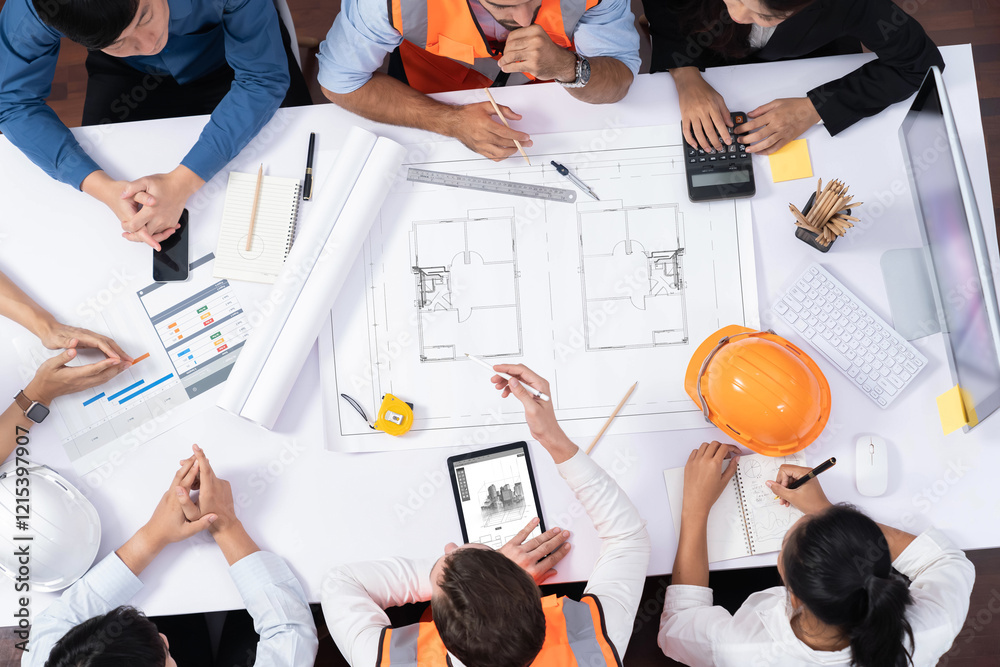 Poster Top view banner of diverse group of civil engineer and client working together on architectural project, reviewing construction plan and building blueprint at meeting table. Prudent