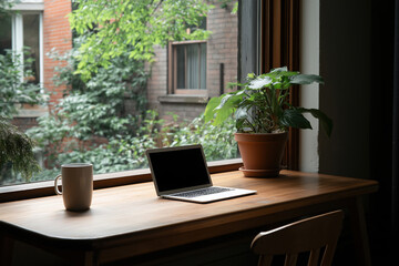 Fototapeta premium Workstation by the window with a view of trees and a cozy atmosphere