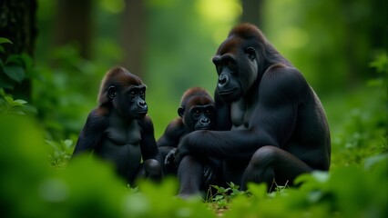 Naklejka premium Gorillas bond in a tranquil forest setting during golden afternoon light