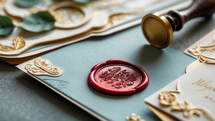 Elegant vintage wedding invitations with gold designs and red wax seal