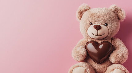 Teddy Bear with Heart Chocolate on Pink Background