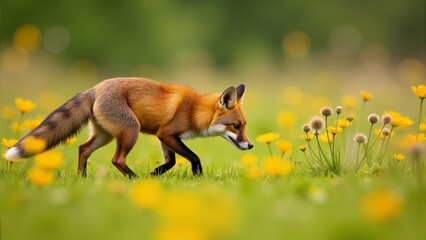 Obraz premium Fox explores a vibrant field of wildflowers under the warm sun in springtime