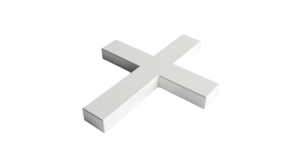 White cross icon in 3D render style isolated on a white background