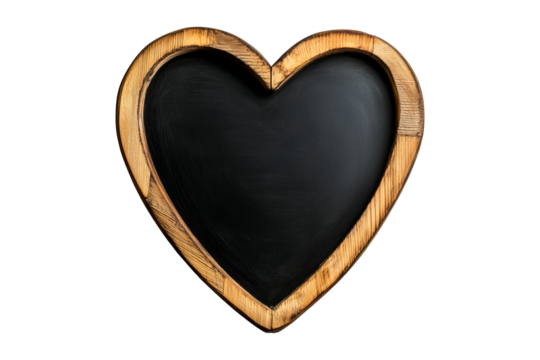Heart-shaped wooden chalkboard with a rustic finish, isolated on a white transparent background, ideal for decoration or messages on Valentine Day