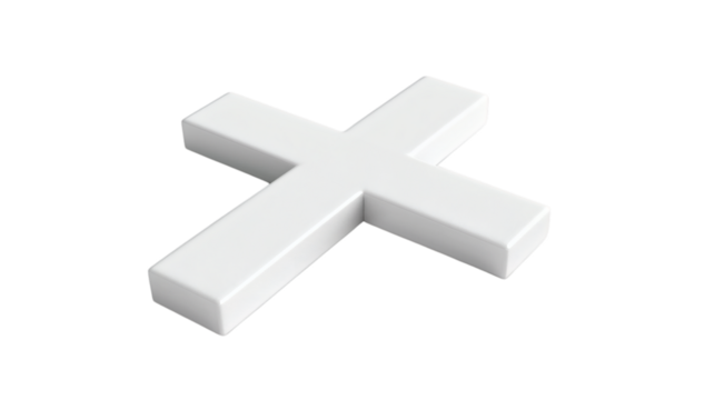 White cross icon in 3D render style, isolated on a white background