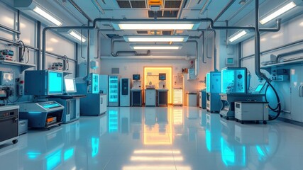 Futuristic laboratory with glowing blue equipment and futuristic devices on a white background, neon lights, computer screens, high-tech gadgets