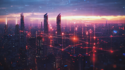 Fototapeta premium Smart digital Innovation city with connection network reciprocity over the twilight cityscape. of future smart wireless digital city and social media networking systems that connects people with city 