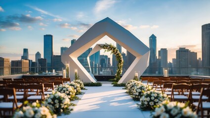 Modern Rooftop Wedding Venue with Geometric Arch and City Skyline