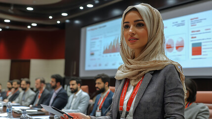 Confident businesswoman in hijab attentively listens during a presentation at a conference.  The image conveys professionalism, success, and modern business.