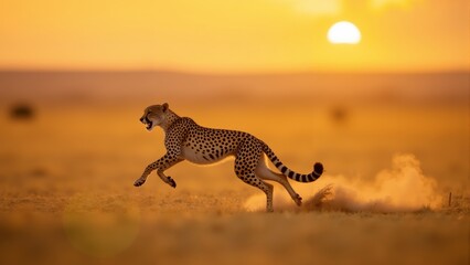 Cheetah gracefully runs across golden plains at sunset in the wild savannah