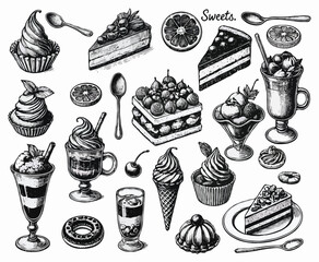 Set of hand drawn desserts and cakes in vintage engraved style. Vector illustration in sketch style, cupcakes, ice cream, cake, pie, macaroon, illustration in sketch style and sweets. Coffee icons set