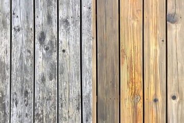 Fototapeta premium Side-by-side comparison a weathered wooden deck cleaned and polished with new stain.