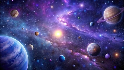 Cosmic night sky with stars and planets against a deep purple background, nightsky, space