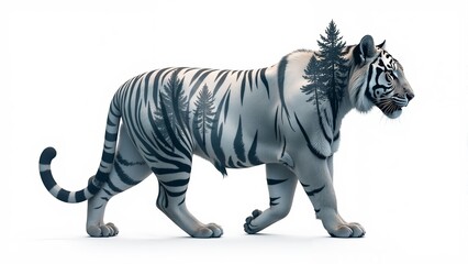 Obraz premium Majestic white tiger strolls through a serene meadow with a tree growing from its back