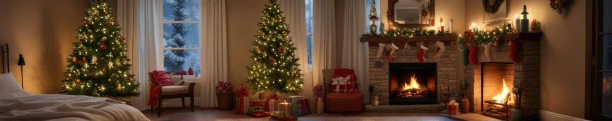 Cozy Christmas bedroom with a lit fireplace and decorated Christmas tree, cozy room, candles, christmas tree