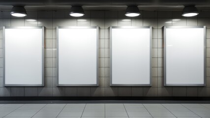 four vertical white blank billboards on the subway wall