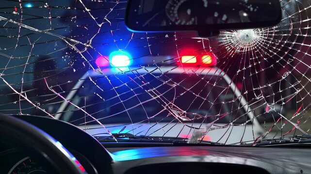 Late at night, a vehicle approaches a police car with flashing lights. A cracked windshield creates a dramatic visual as the scene unfolds, highlighting urgency and concern.