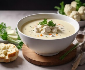 Creamy white cauliflower soup in a large bowl on a plain surface, vegetable soup, healthy eating, nutritious meal