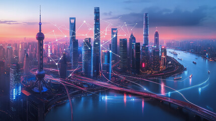 Obraz premium Smart digital Innovation city with connection network reciprocity over the twilight cityscape. of future smart wireless digital city and social media networking systems that connects people with city 