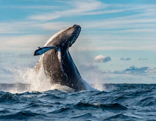 Naklejka premium Humpback Whale Breaching Spectacularly in Ocean Waters, Capturing Nature’s Beauty