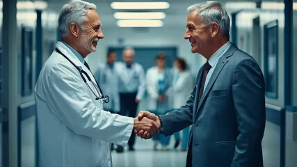 Two health professionals share a warm handshake in a hospital corridor. The atmosphere is positive as they discuss improving patient care. Other staff members are in the background.