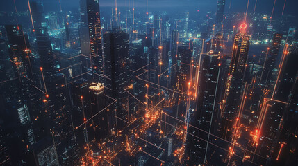 Obraz premium Smart digital Innovation city with connection network reciprocity over the twilight cityscape. of future smart wireless digital city and social media networking systems that connects people with city 