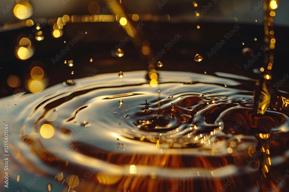 Aufkleber pouring golden liquid into a container, creating mesmerizing concentric ripples