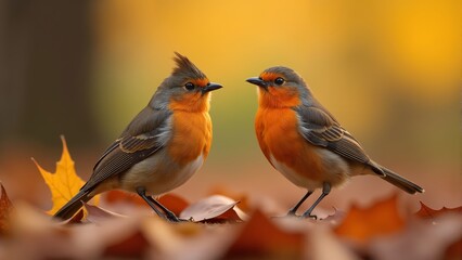 Fototapeta premium Vibrant birds perched on autumn leaves in a serene forest setting during golden hour