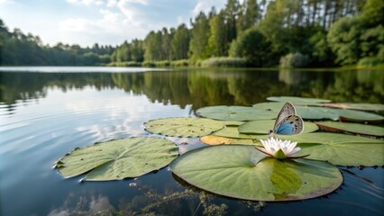 Delicate fairy butterfly perched on a lily pad floating on a serene lake, delicate, tiny, outdoors, nature, water
