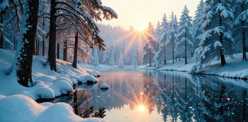 Delicate snowflakes fall gently on a frozen lake surface amidst towering trees with sunbeams piercing through branches, sunlight, snowy woods